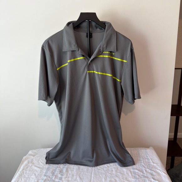 Oakley Other - Oakley Mens Gray Short Sleeve Polo Shirt Neon Yellow Stripes Logo Large L